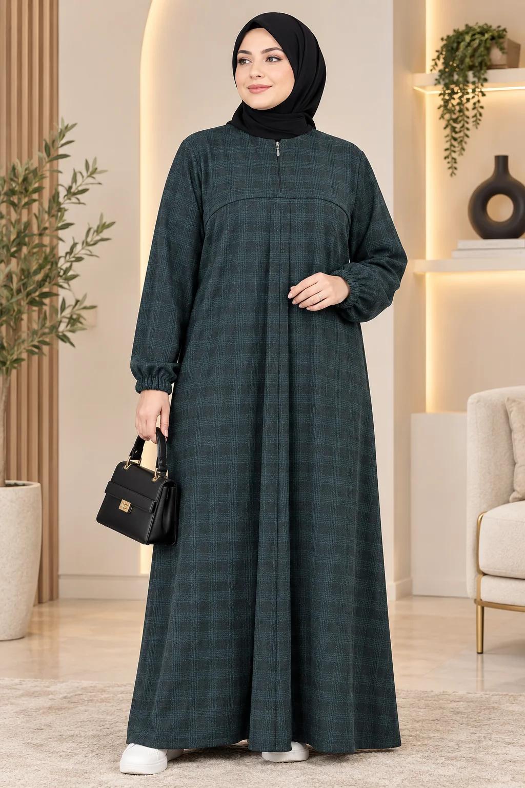 فستان محجبات شتوي زيتي  شيك وأنيق